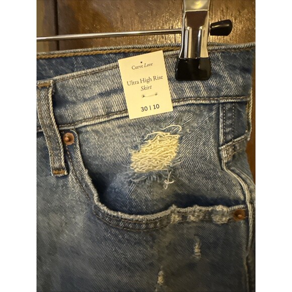 Abercrombie and Fitch Mini Denim Skirt 10/Medium Wash Distressed Y2k Grunge Rave - Picture 3 of 5